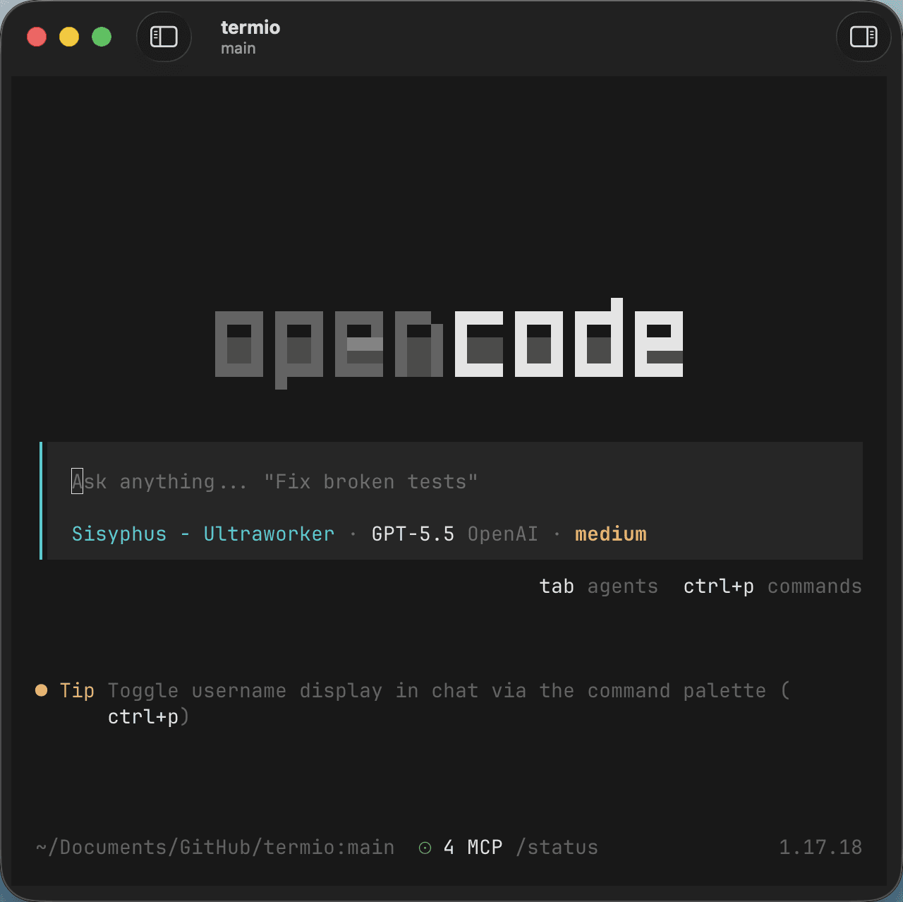 OpenCode running in Termio