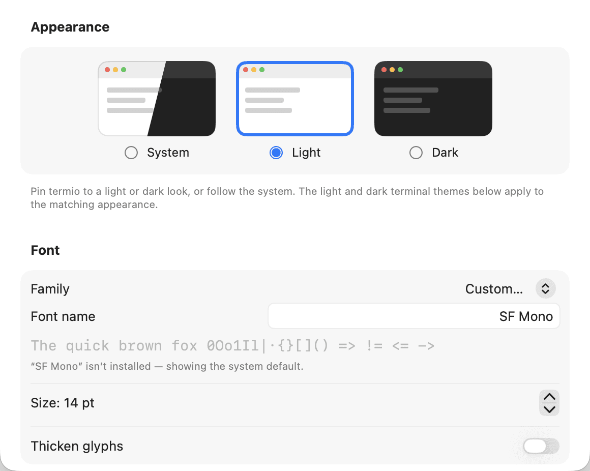 Termio's appearance settings with light, dark, and glass modes