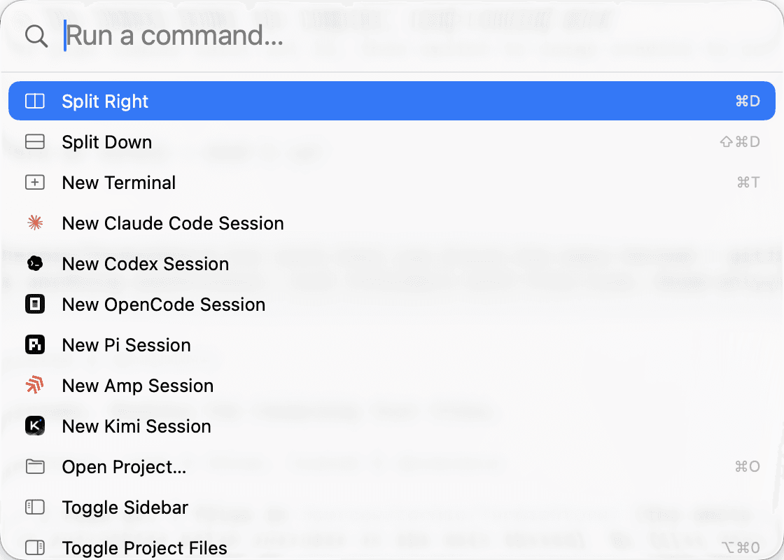 The Termio command palette over a terminal session