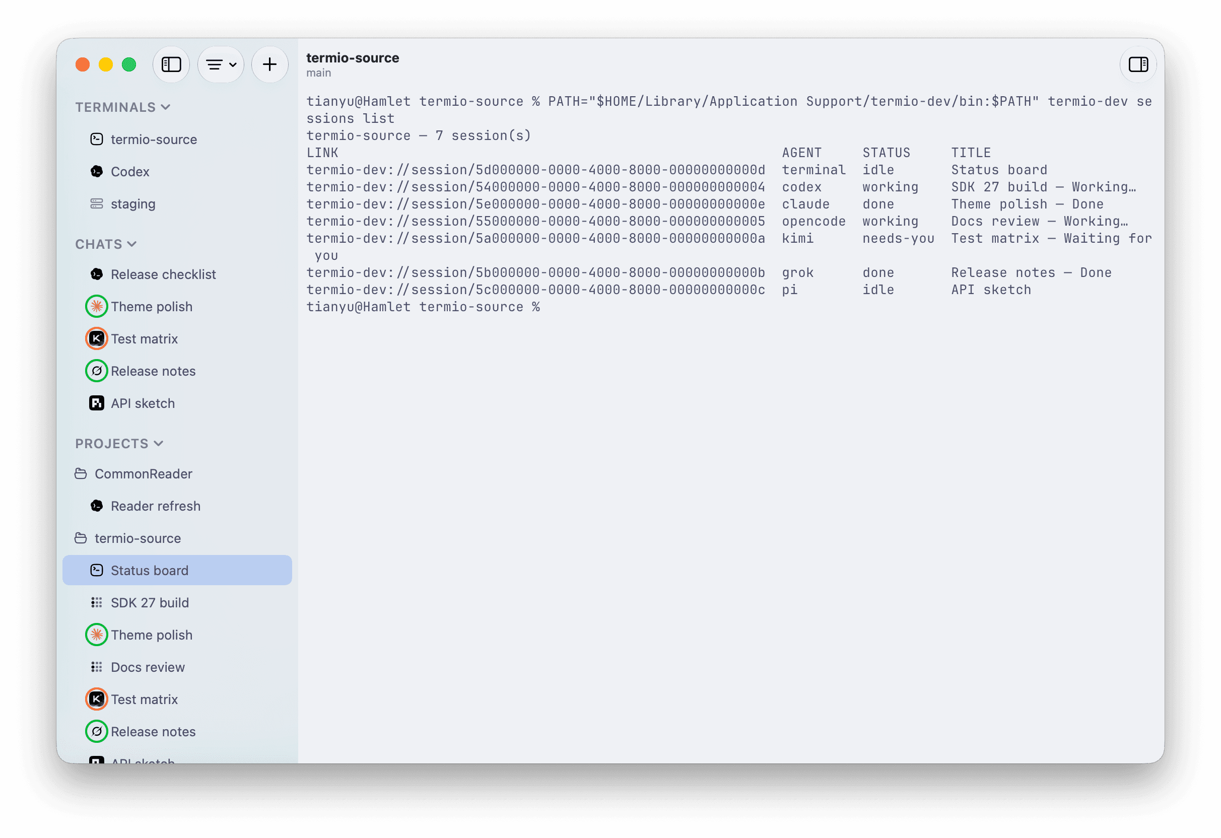 The Termio sidebar and termio sessions list output showing idle, working, done, and needs-you sessions