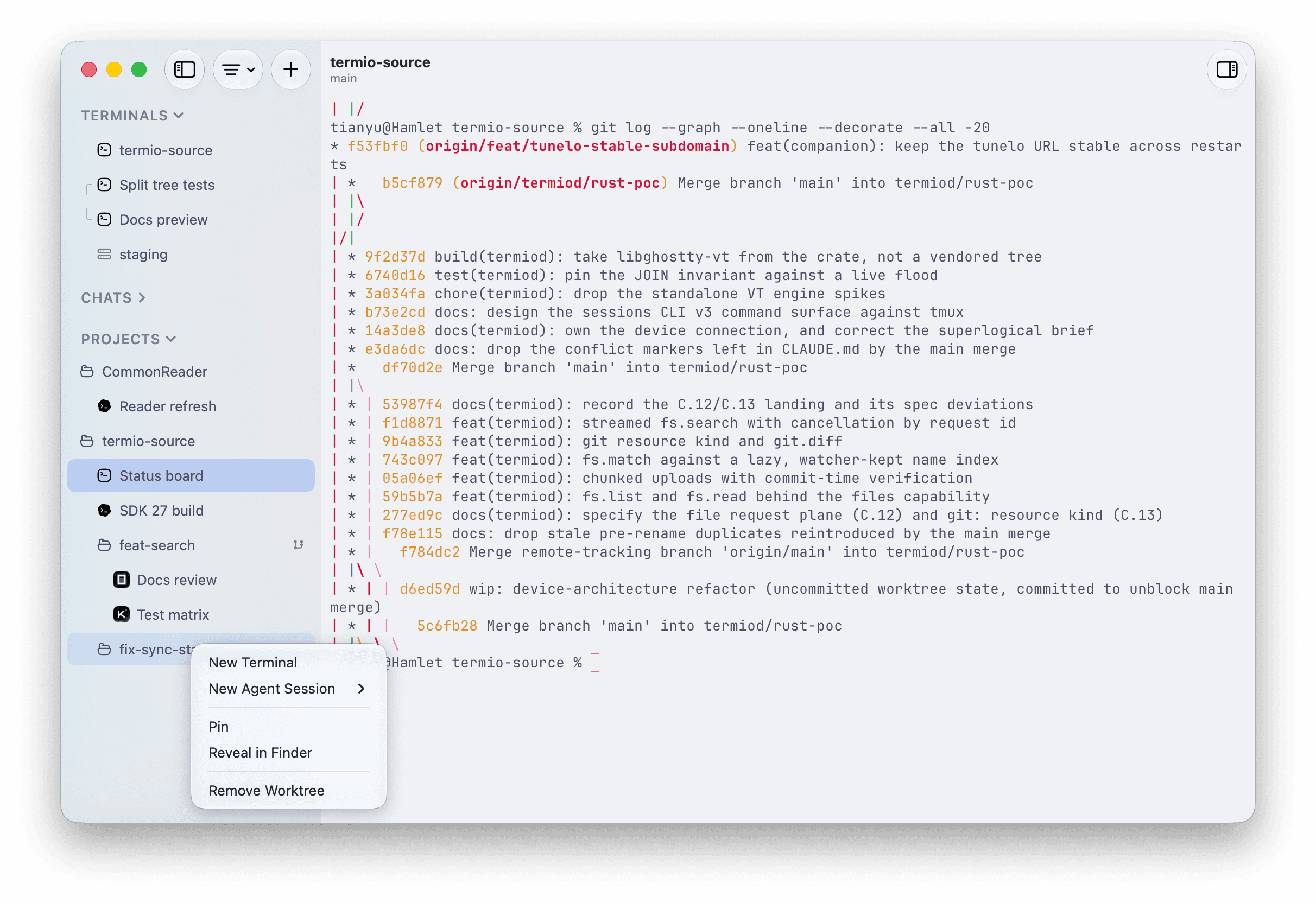 A Termio project with main and feature worktrees expanded, and an empty worktree context menu offering New Terminal and New Agent Session