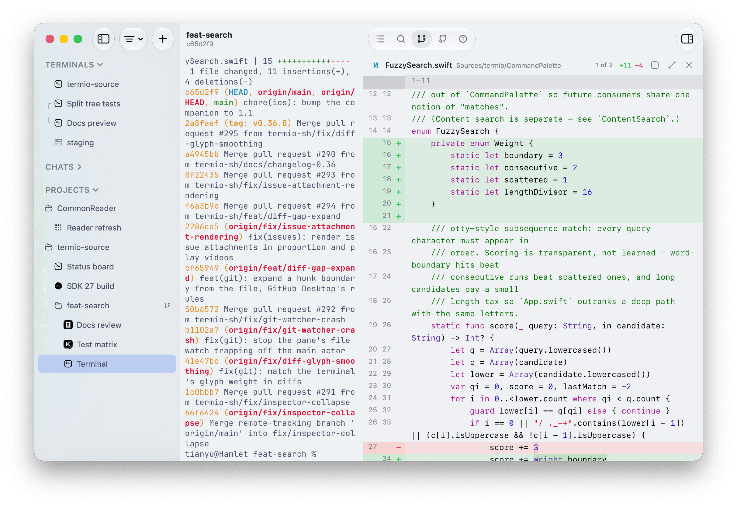 A feature worktree selected in the Termio sidebar with its own file changes and unified diff open in the inspector