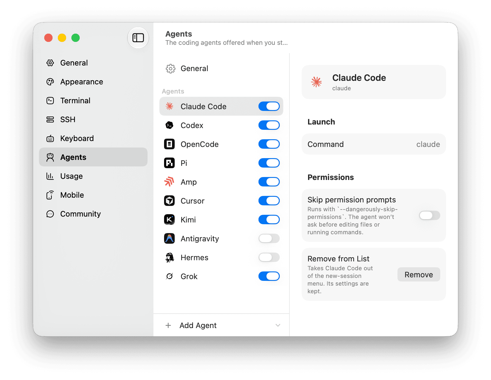 Termio Agent settings with the built-in agent catalog visible and Claude Code selected