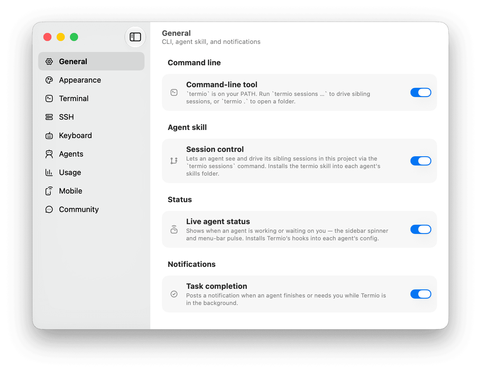Termio General settings with Command-line tool, Session control, Live agent status, and task notifications enabled