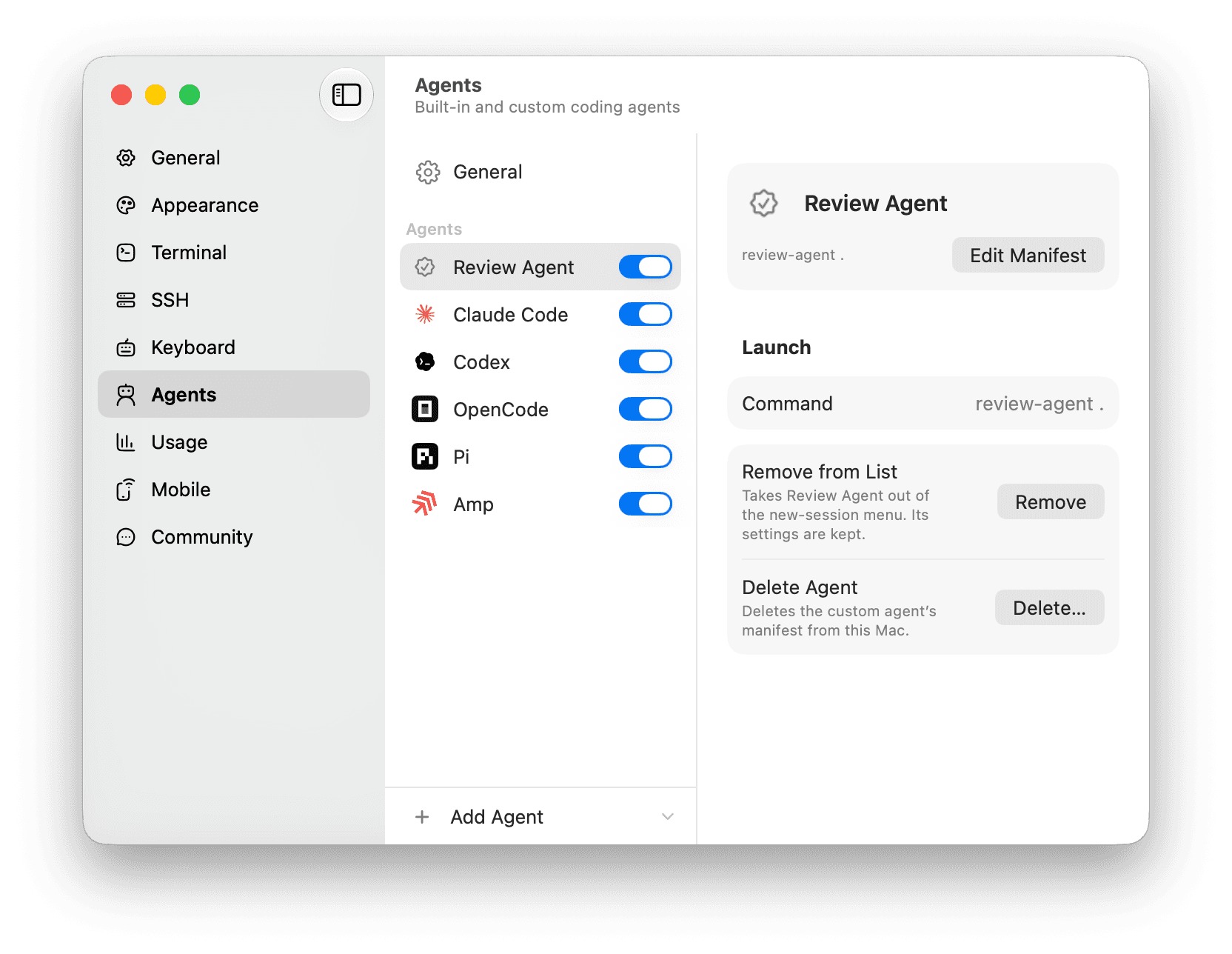 Termio Agent settings with a custom Review Agent selected and its manifest-backed command, status patterns, and delete action visible