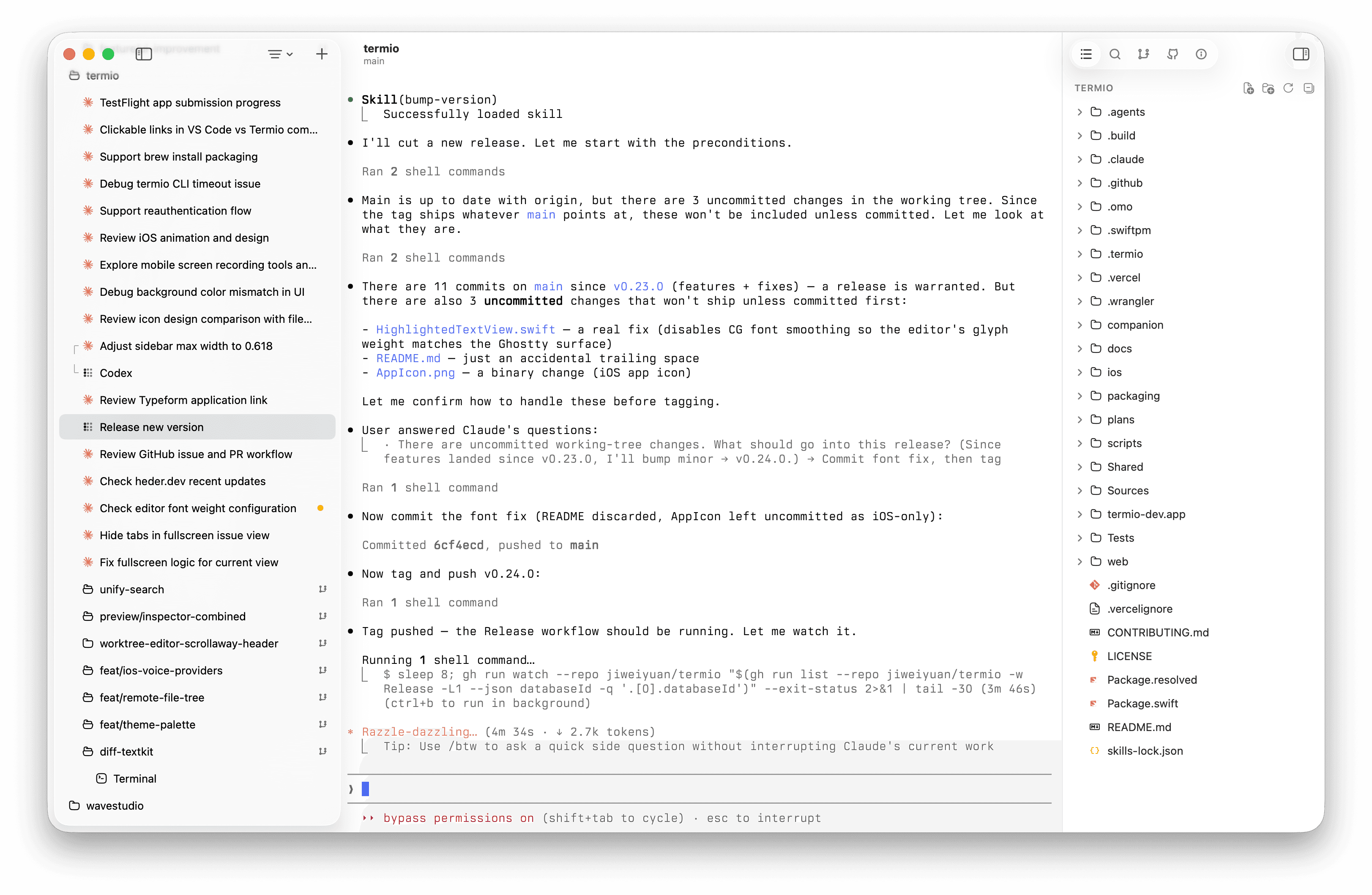 Termio in light mode: a Codex session running beside the session sidebar.