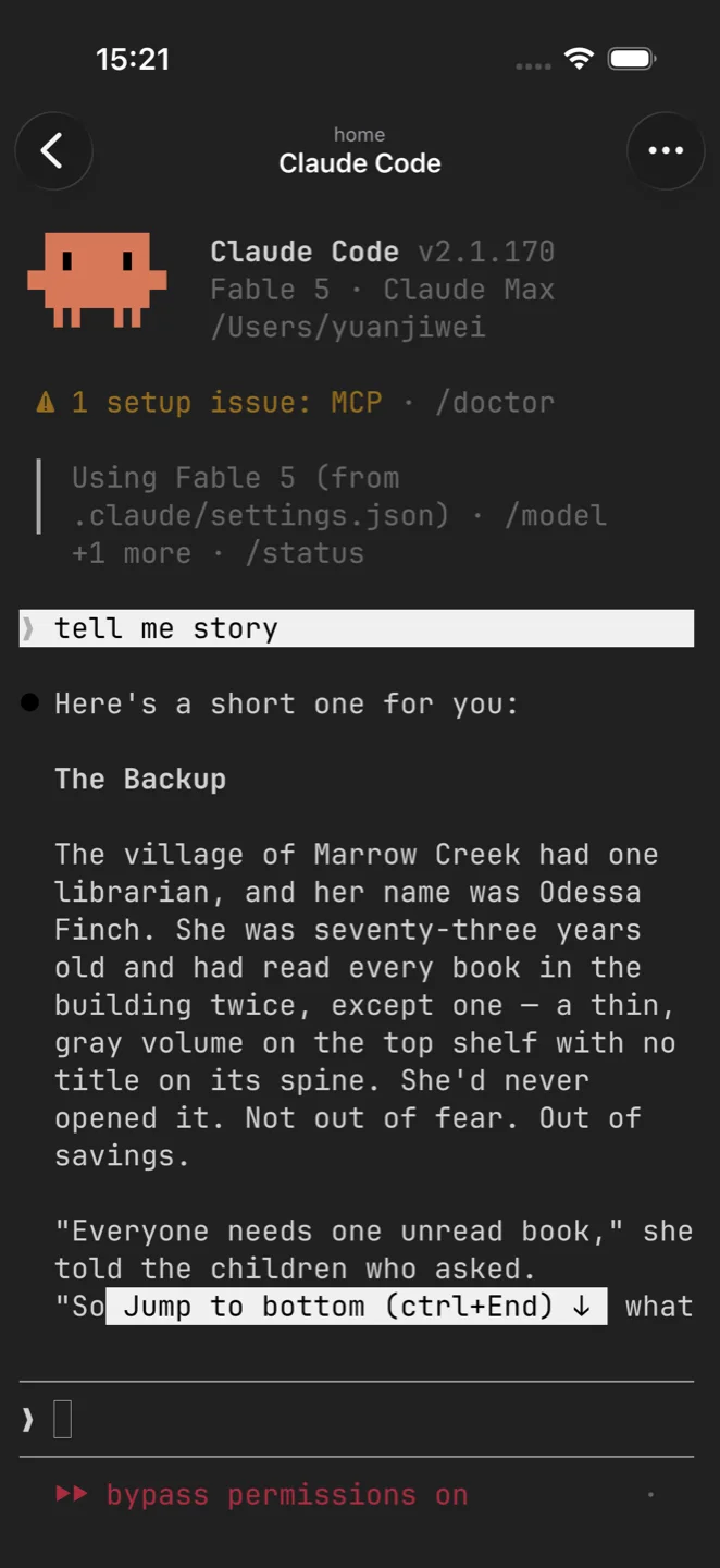 A live Claude Code session mirrored on the iPhone