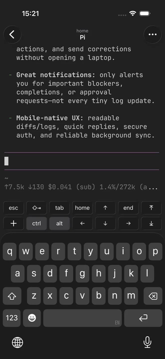 A Pi session with the terminal key bar on the iPhone