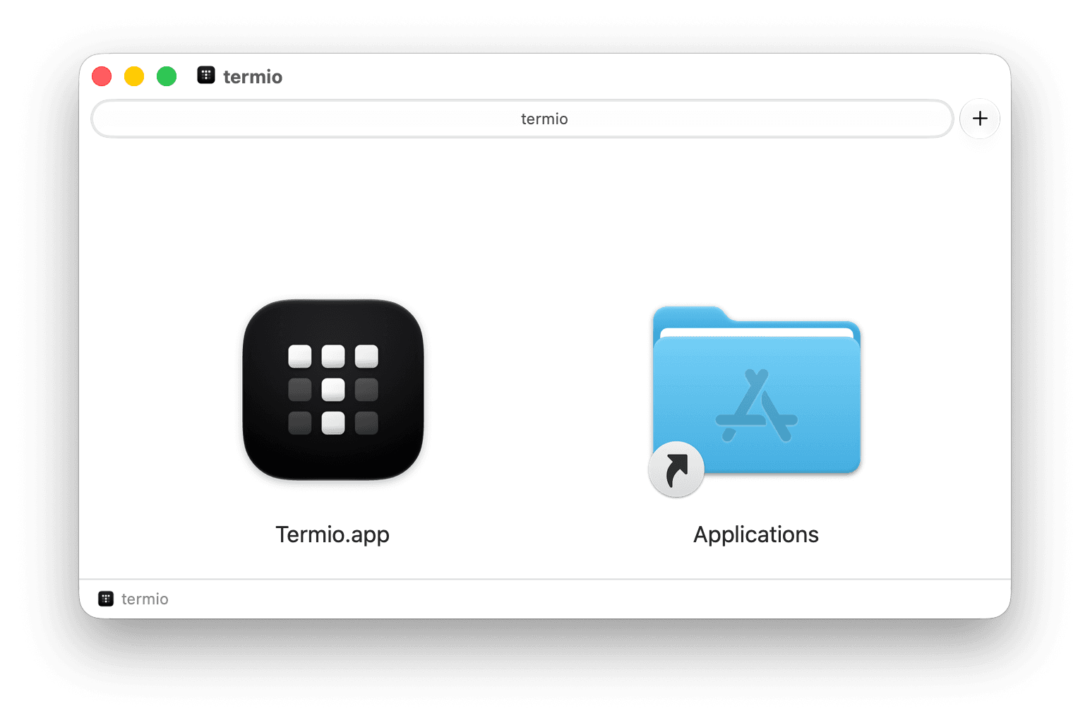 The Termio disk image with Termio.app on the left, an Applications folder on the right, and a drag arrow between them