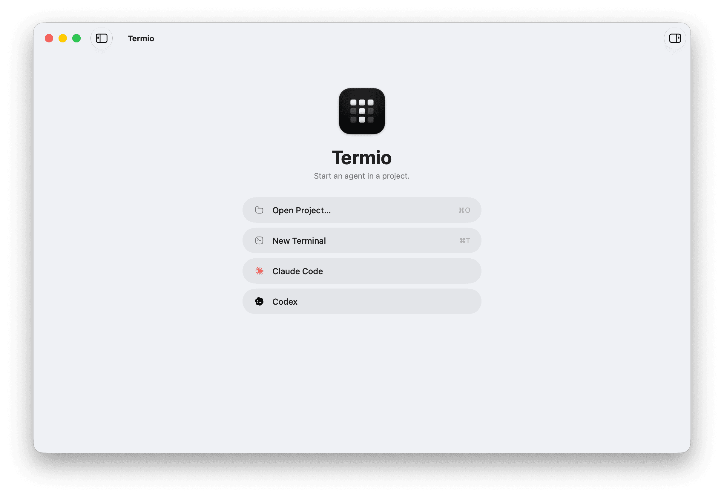 The Termio welcome window with Open Project as the primary action