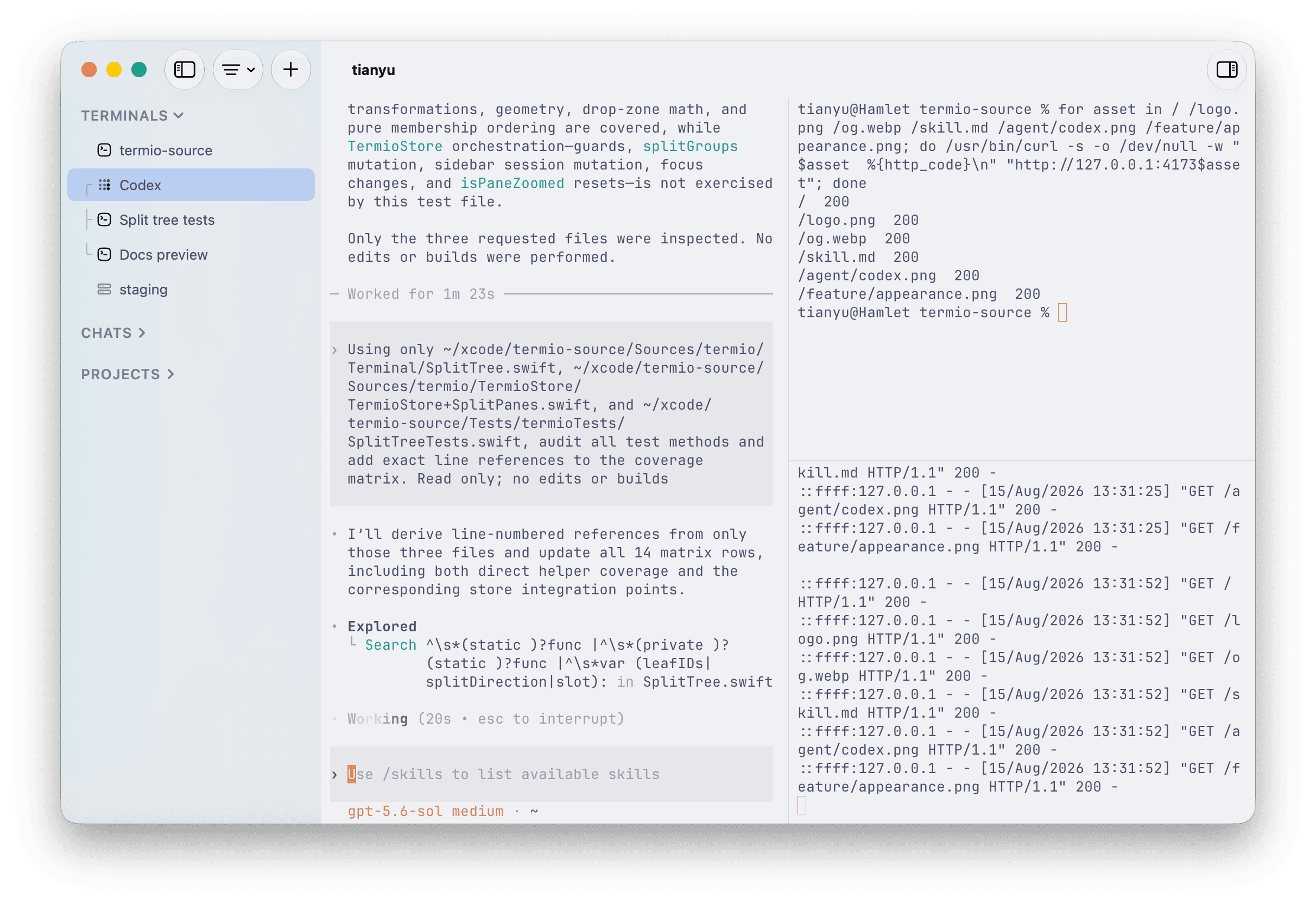 A Termio project with three grouped panes showing an agent, split-tree tests, and a documentation preview