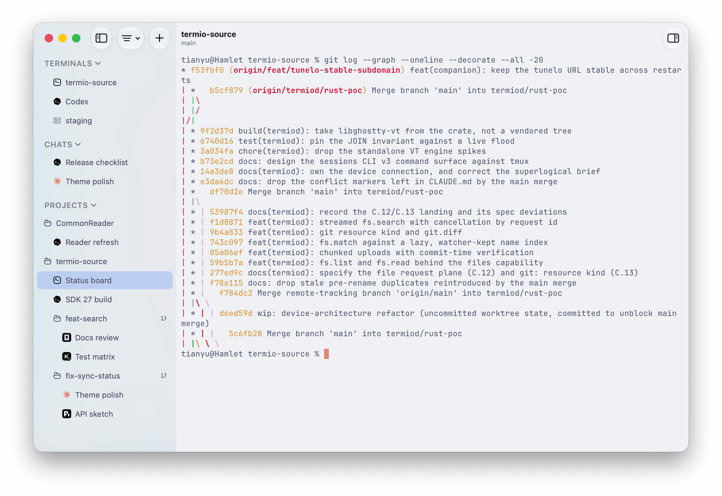 The Termio sidebar showing Terminals, Chats, projects, worktrees, and their nested sessions