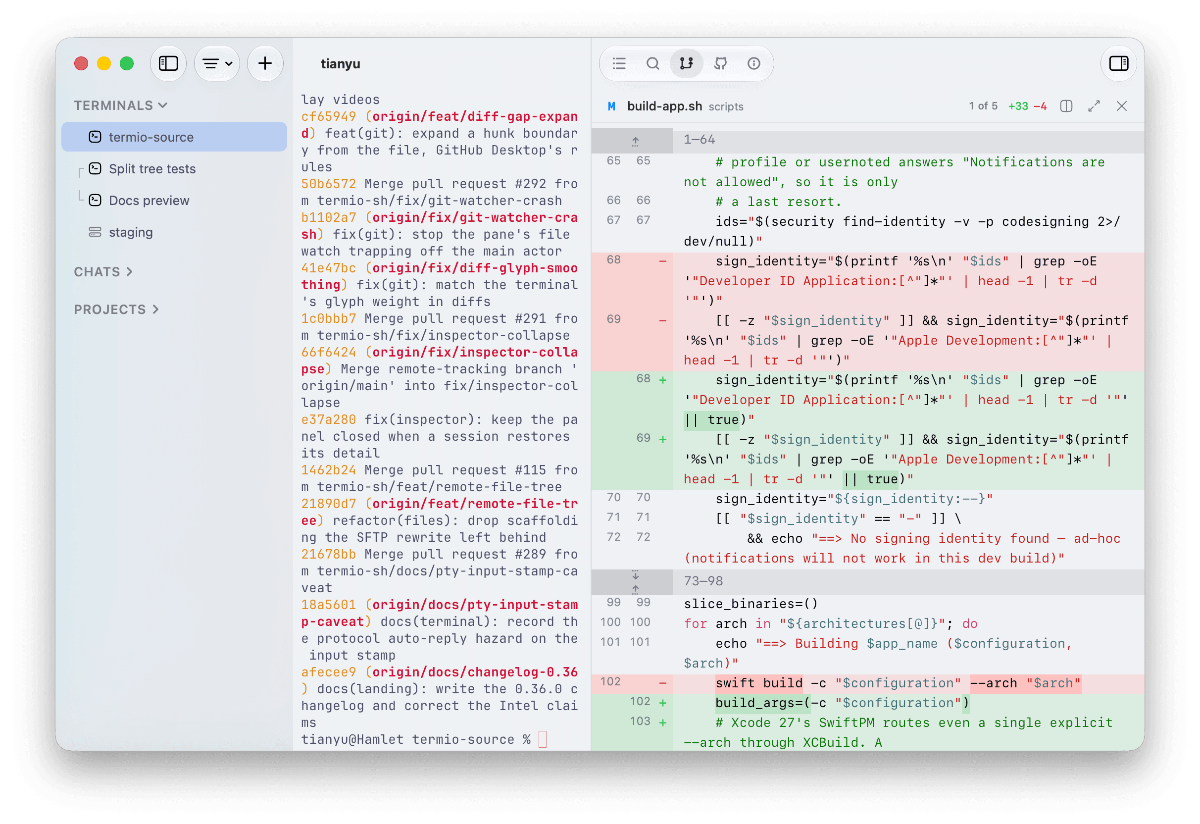 The Termio Changes tab with build-app.sh selected and its red and green unified diff beside the terminal