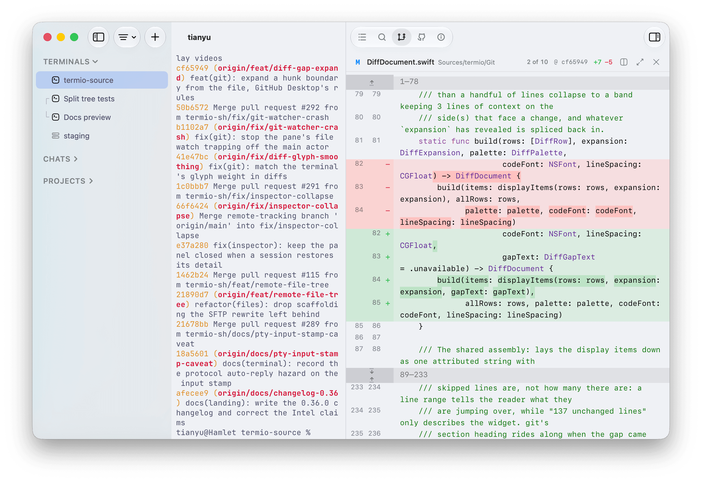 The Termio History tab with a commit, one of its files, and that file's per-commit diff visible together
