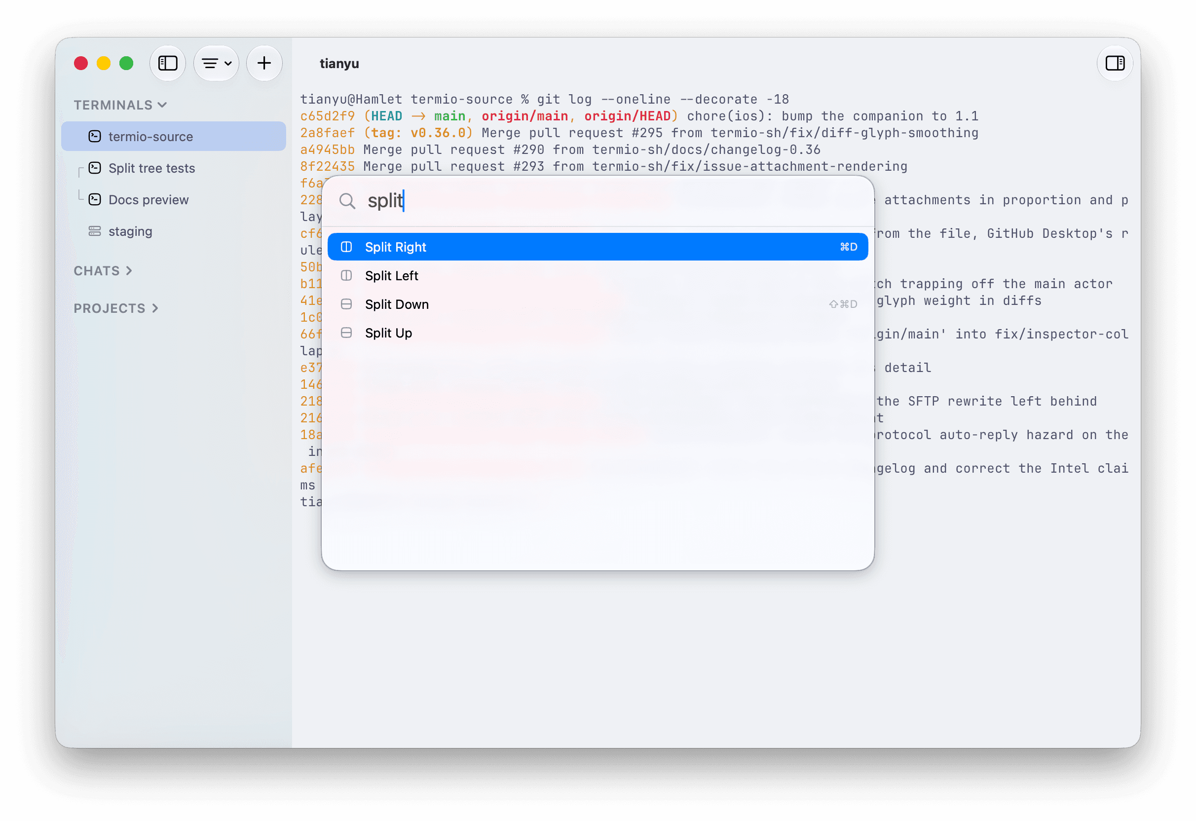 The Termio Command Palette filtered to split actions with the first action selected and shortcuts aligned on the right