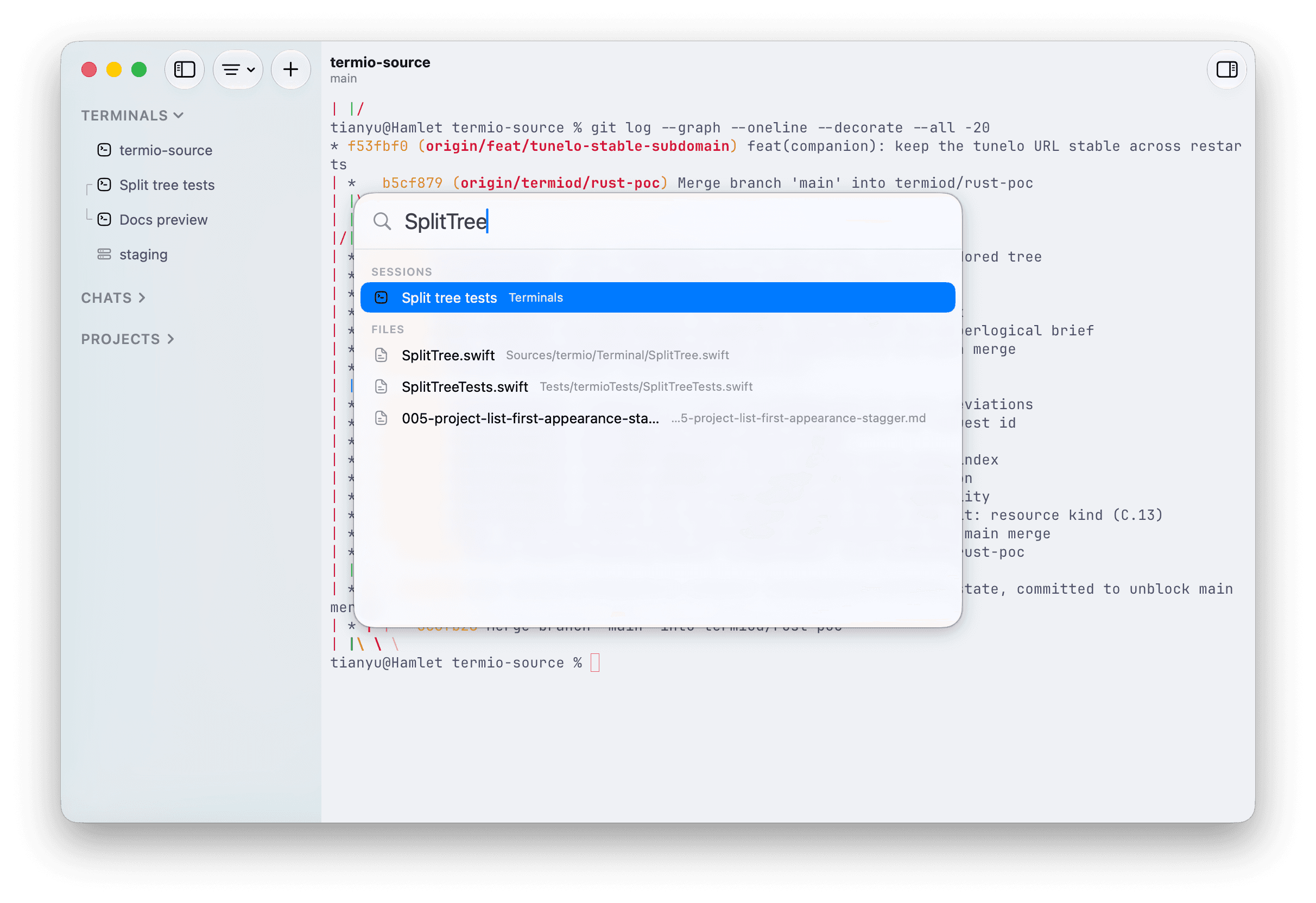 Termio Open Quickly searching for SplitTree across a session and several project files