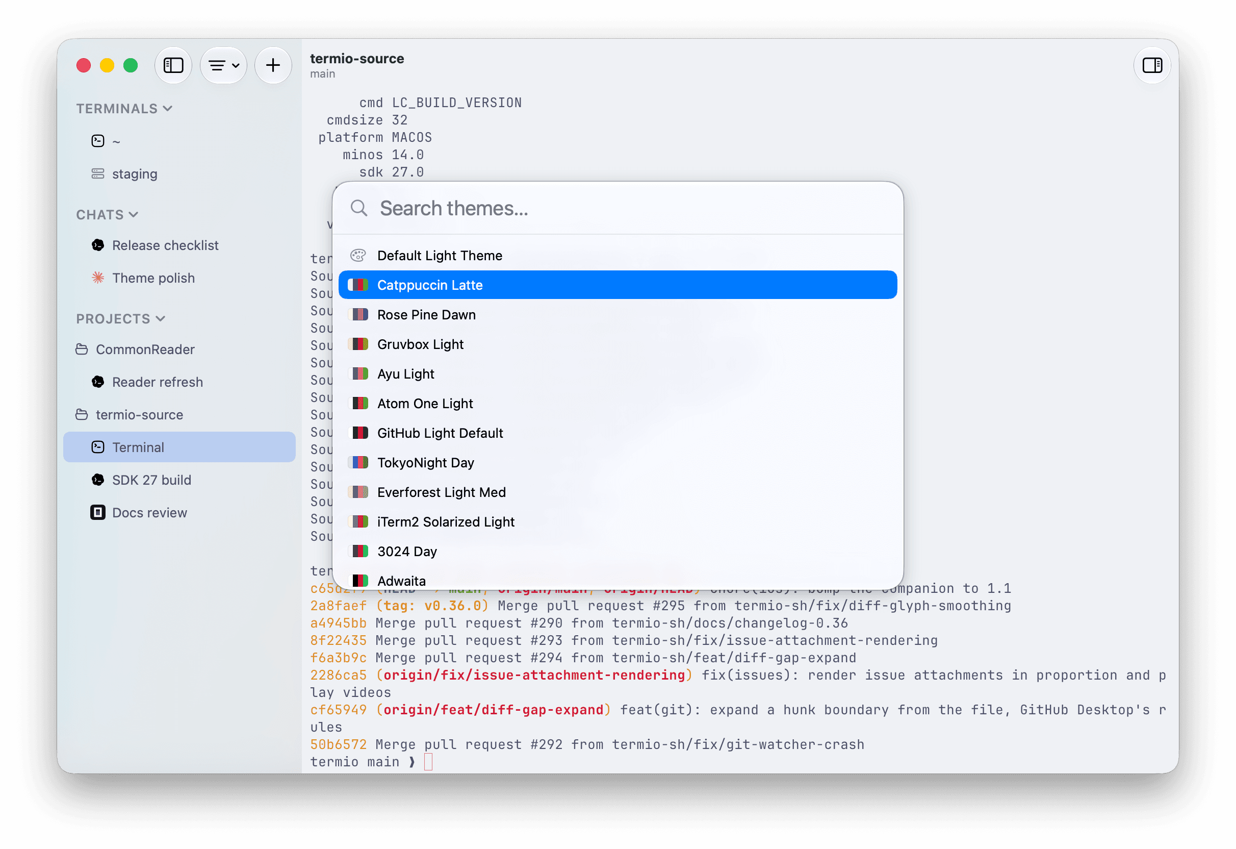 The Change Theme palette over a Termio terminal with Catppuccin Latte selected and applied
