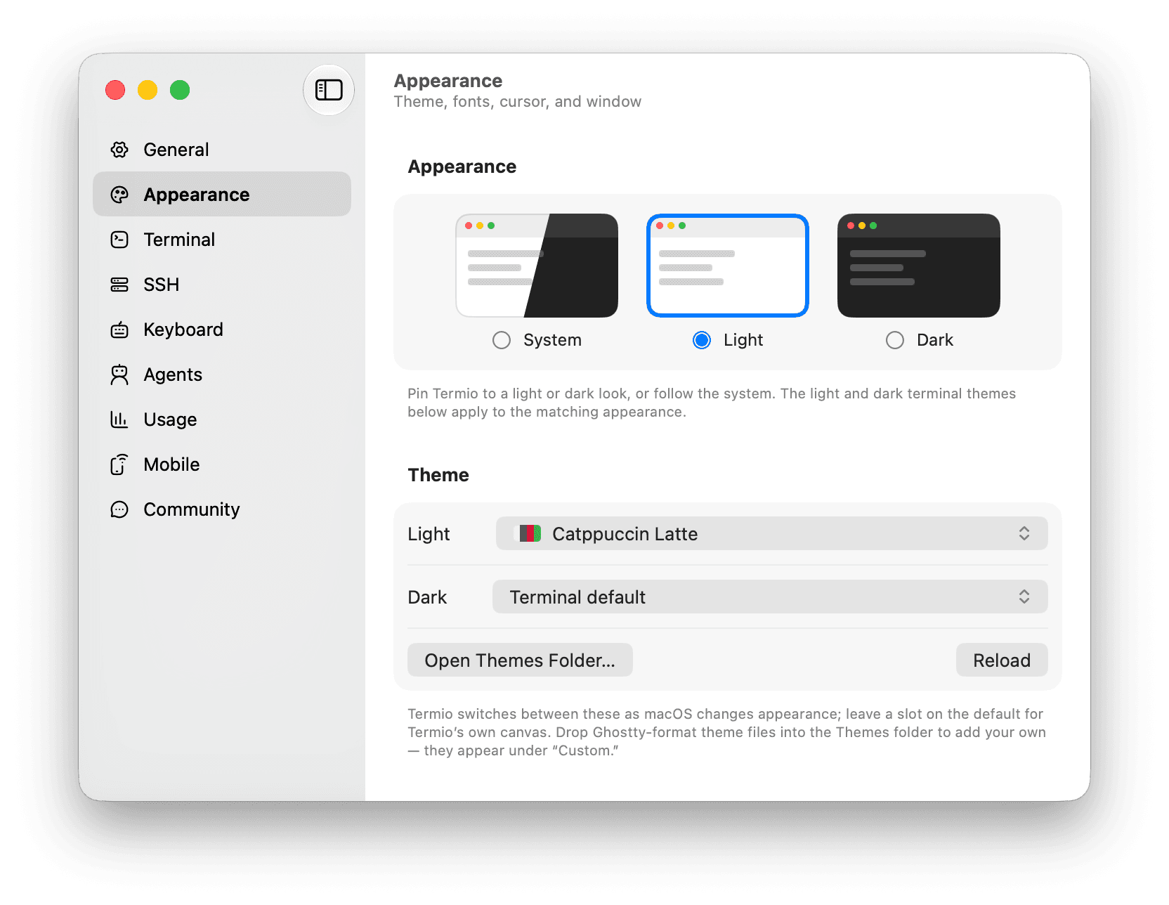 Termio Appearance settings with System, Light, and Dark modes and separate light and dark terminal theme slots