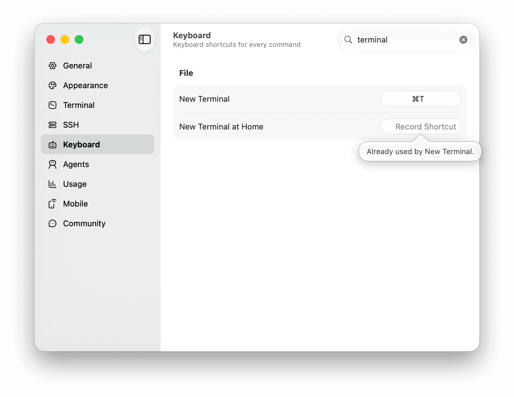 Termio Keyboard settings filtered to Terminal with a shortcut conflict shown beside the edited binding