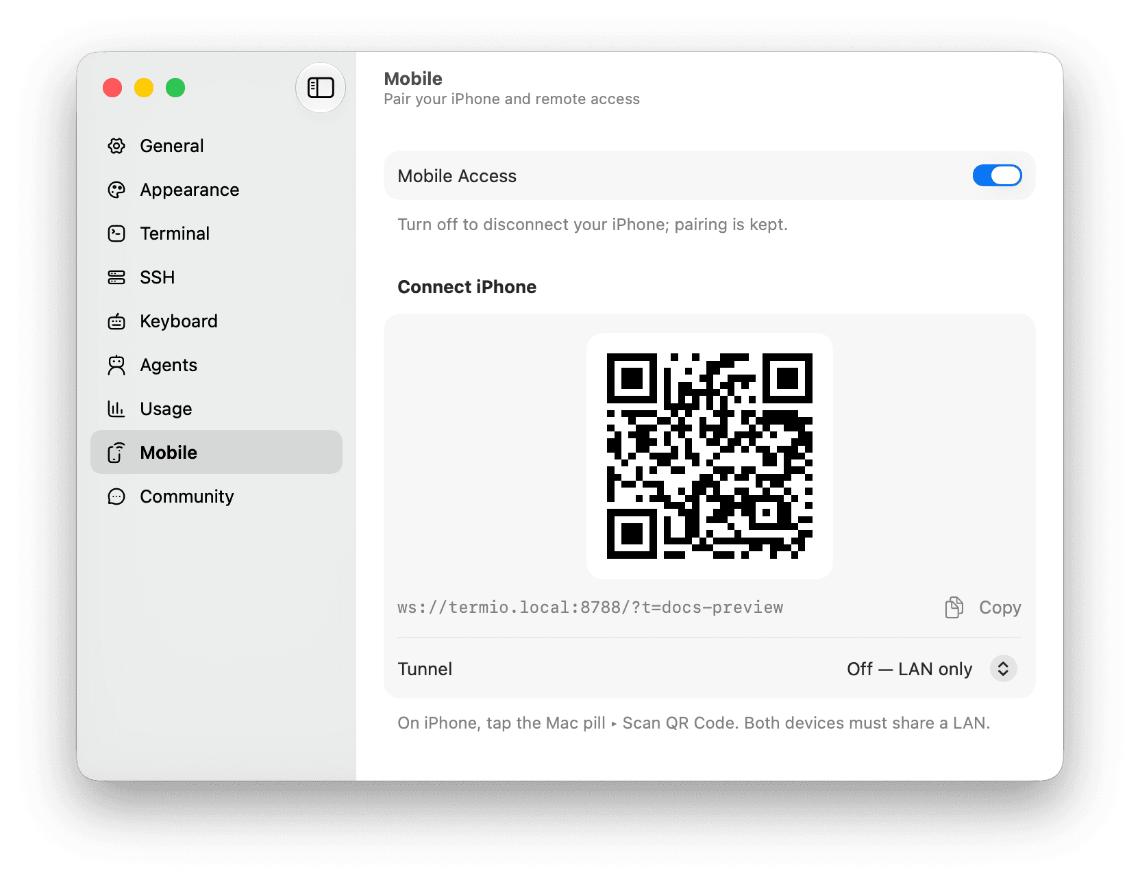 Termio Mobile settings on the Mac with Mobile Access enabled and a pairing QR code ready for an iPhone