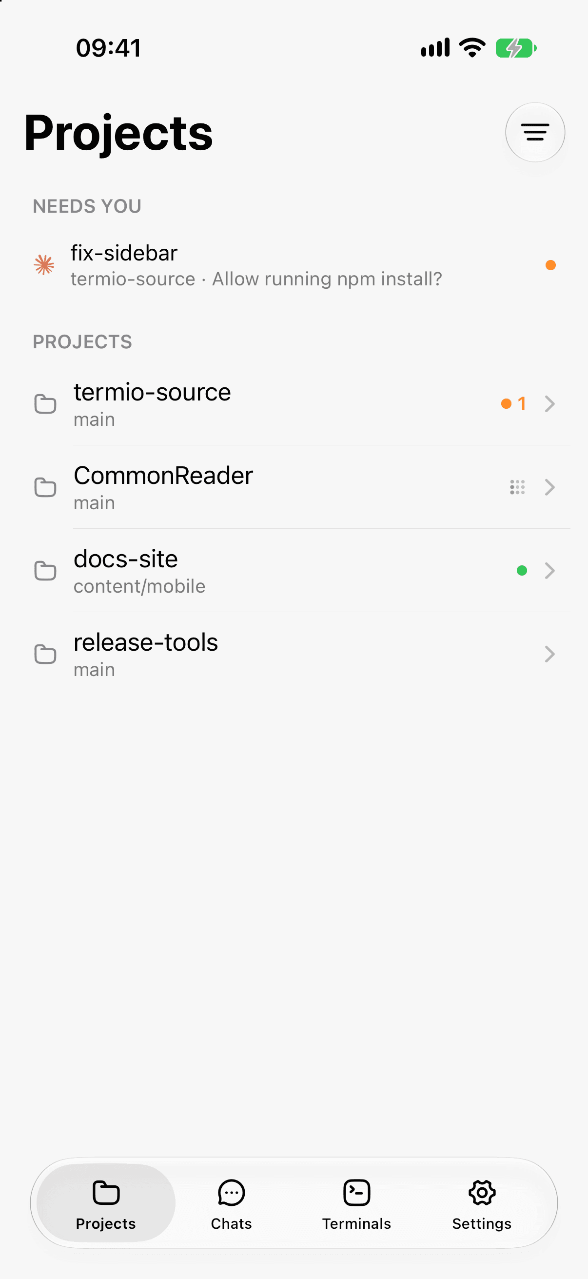 Termio on iPhone showing several projects, agent sessions, and their live status indicators