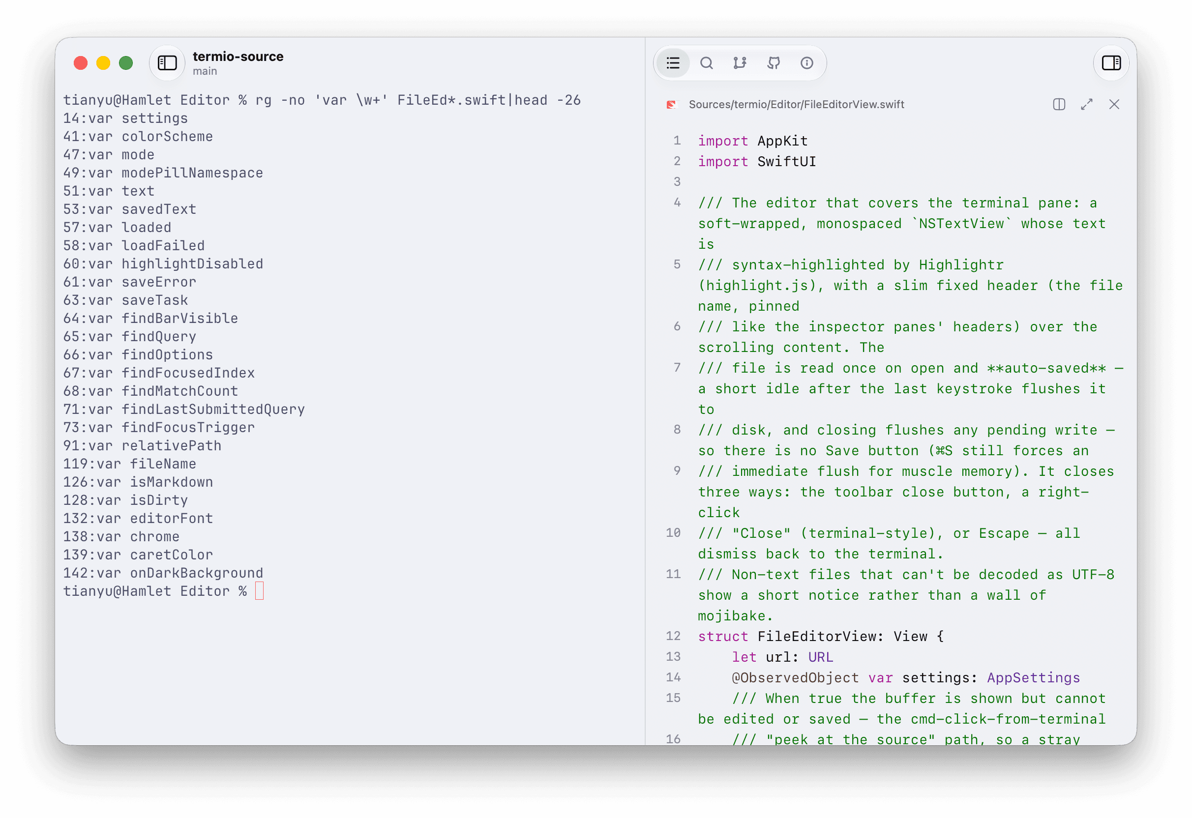 A relative Swift file path in a Termio terminal opened into the built-in read-only editor beside it