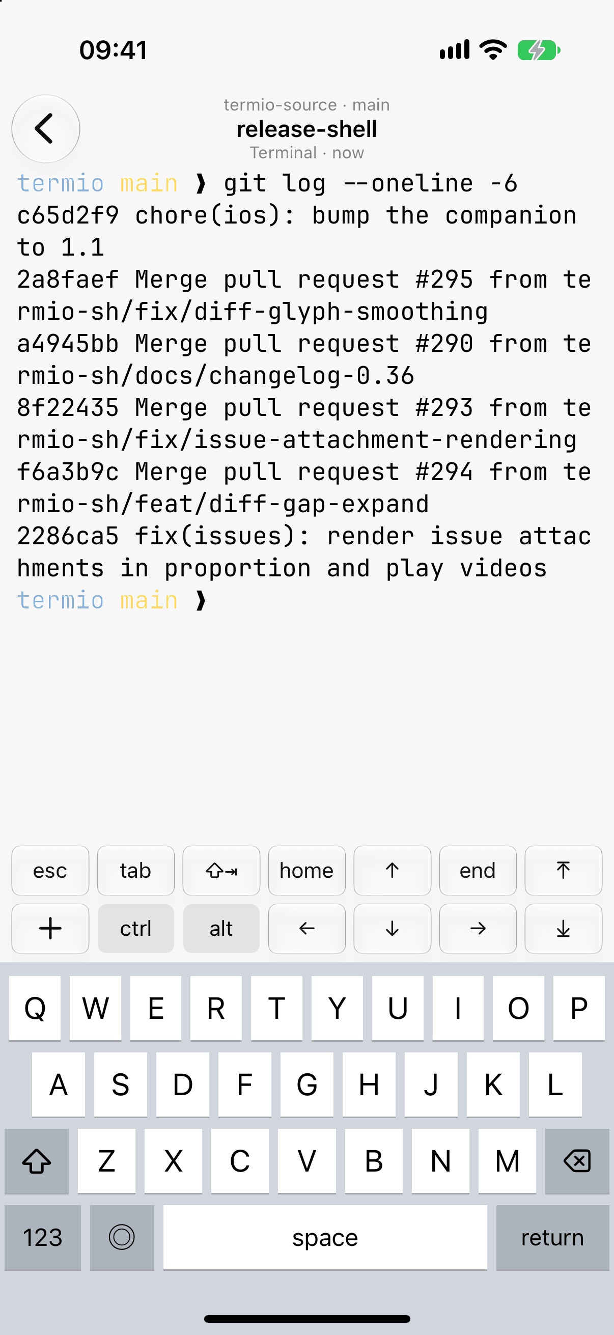 A Termio iPhone terminal showing git history with the terminal key bar and software keyboard